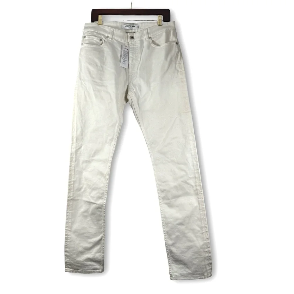 New Lacost Mens Off White Farine Denim Jeans Slim Fit Pants Sz 33